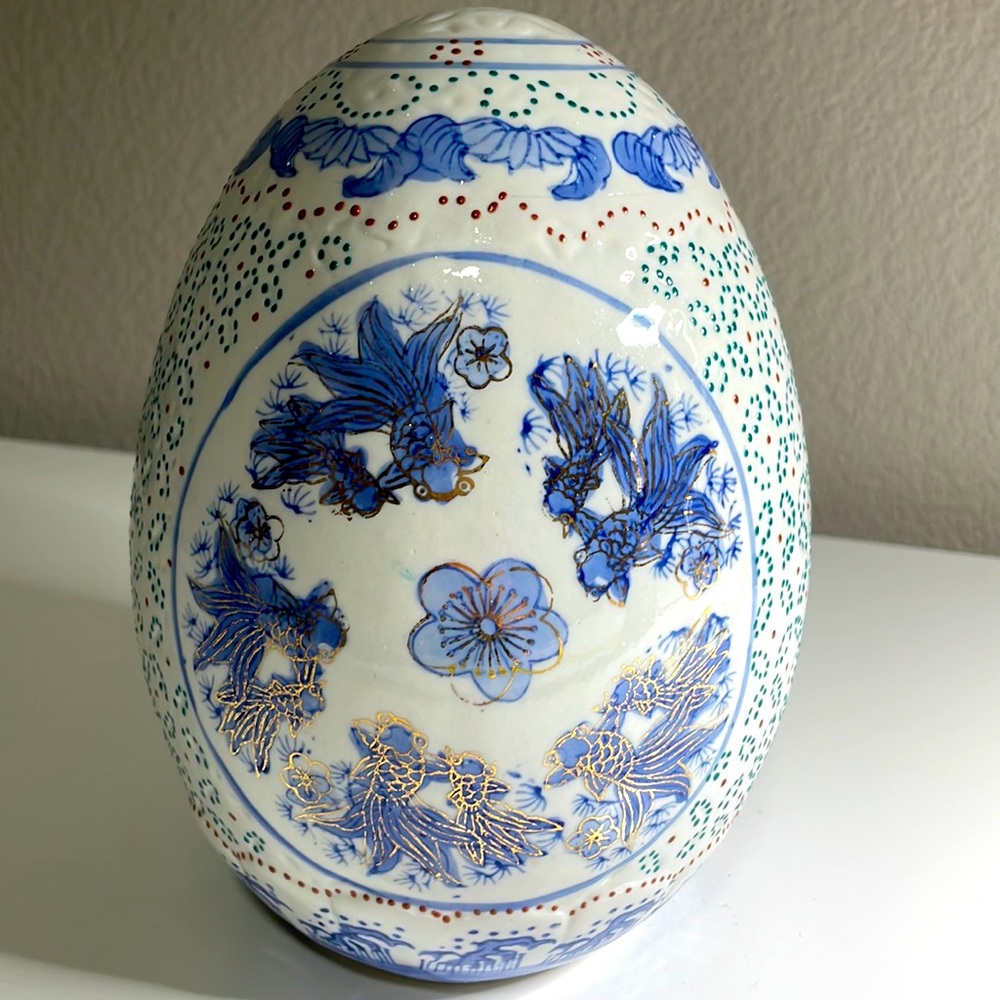 Chinese ceramic egg, goldfish and flower print